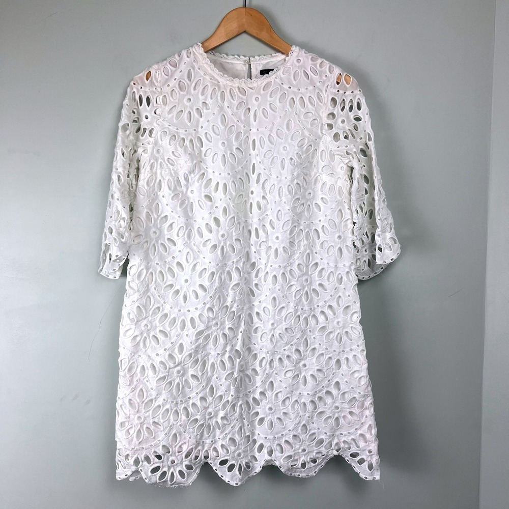 Ann Taylor White Eyelet Lace Shift Dress 8 Scalloped 3/4 Sleeve Lined Bridal LWD
